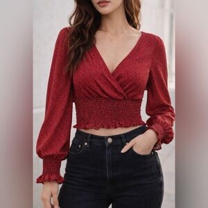 Red Polka Dot Smocked Waist Long Sleeve Blouse – Size Medium